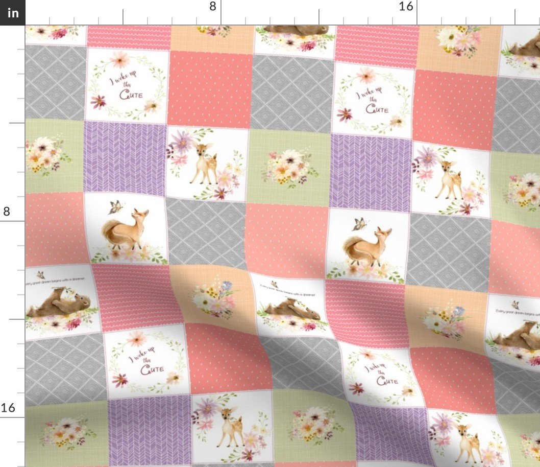 3" BLOCKS- Forest Animals Patchwork Cheater Quilt - Baby Girl Blanket, Bear Fox Deer - Peach Coral Lavender + Gray - EMILY pattern A1