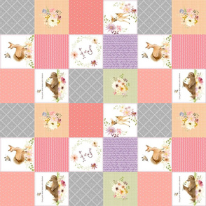 3" BLOCKS- Forest Animals Patchwork Cheater Quilt - Baby Girl Blanket, Bear Fox Deer - Peach Coral Lavender + Gray - ROTATED, EMILY pattern A1