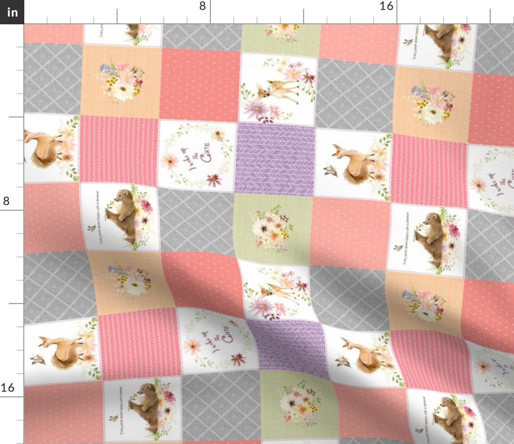 3" BLOCKS- Forest Animals Patchwork Cheater Quilt - Baby Girl Blanket, Bear Fox Deer - Peach Coral Lavender + Gray - ROTATED, EMILY pattern A1