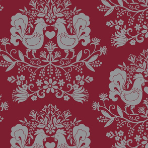 Rooster Damask in Gray and Rhubarb