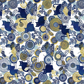 Midsummer Cats Small Rotated- Cat and Flowers- Japanese Vintage Floral- White- Navy Blue- Gold- Yellow