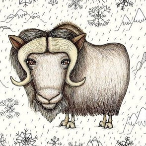 Chinese horoscope / zodiac, year of the ox: the beautiful musk ox, medium large scale, white black ivory brown tan neutral rust cream beige earth colors ecru cows