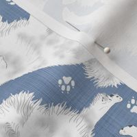 Trotting Great Pyrenees and paw prints - faux denim