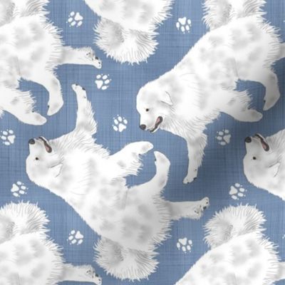 Trotting Great Pyrenees and paw prints - faux denim