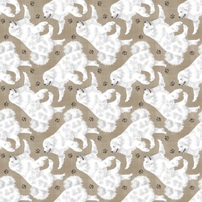 Trotting Great Pyrenees and paw prints - faux linen