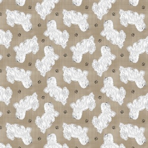 Trotting Coton de Tulear and paw prints - faux linen