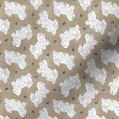 Tiny Trotting Coton de Tulear and paw prints - faux linen