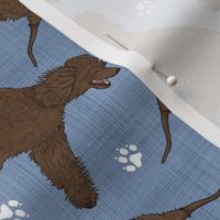 Trotting Irish Water Spaniels and paw prints - faux denim