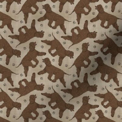 Tiny Trotting Irish Water Spaniels and paw prints - faux linen