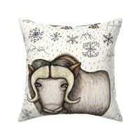 Chinese horoscope / zodiac, year of the ox: the beautiful musk ox, jumbo large scale, white black ivory brown tan neutral rust cream beige earth colors ecru cows