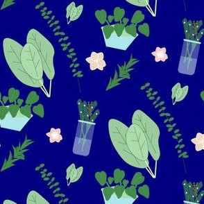 Herbs and pink flowers on a blue background