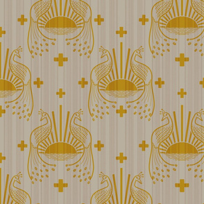 Peacock sunset, golden damask