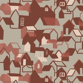 Geometric mountain village in pink, red
