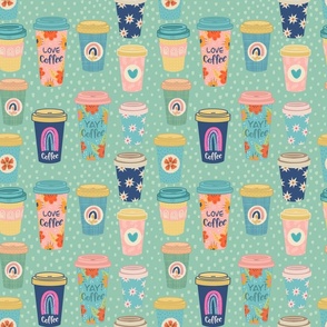 Small - Coffee Cups -Teal background 