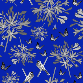 Agapanthus Enchantment (butterflies, birds + bees) - greyscale on lapis blue, large