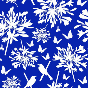 Agapanthus Enchantment (butterflies, birds + bees) - white on lapis blue, large