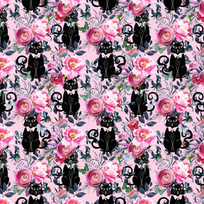 Black Cats in Pink Flowers