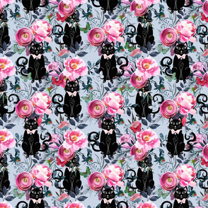 Black Cats in Pink Flowers - Blue