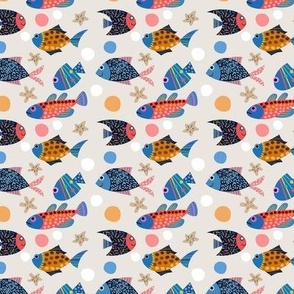 Small Colorful Swimming Fish in Blue Gold Coral Pink