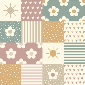 Patchwork daisies, hearts & sun, retro  