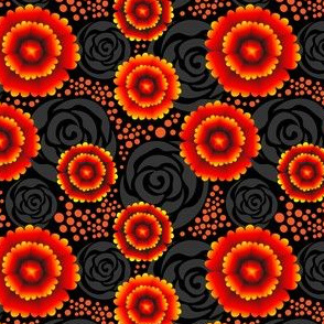 Seamless floral pattern-17. Orange flowers with roses on black background.
