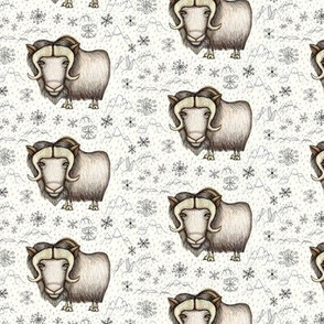 Chinese horoscope / zodiac, year of the ox: the beautiful musk ox, small scale, white black ivory brown tan neutral rust cream beige cows earth colors ecru