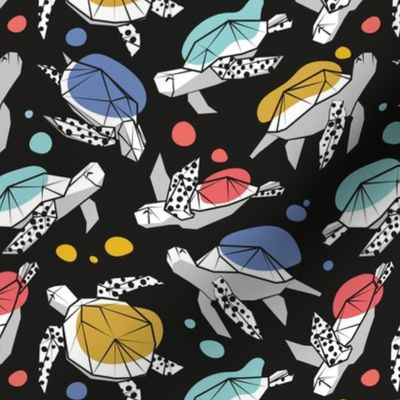 Small scale // Keep the sea turtles happy and plastic free // black background goldenrod yellow coral aqua denim blue and grey geometric sea animals