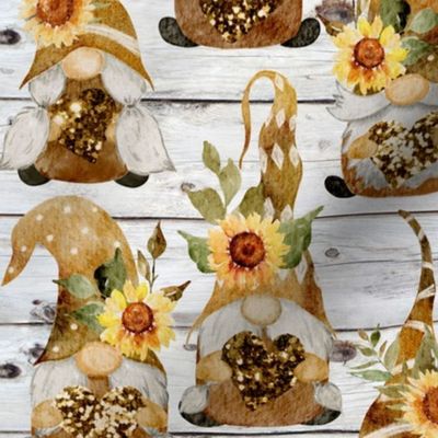 Gnomes with Sunflower Wreaths and Hearts on Shiplap - medium scale