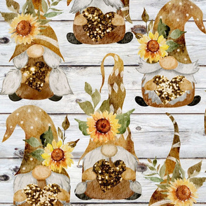 Gnomes with Sunflower Wreaths and Hearts on Shiplap - large scale