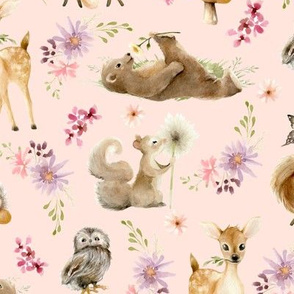 12" Forest Friends (baby pink) Flowers, 12" repeat on fabric