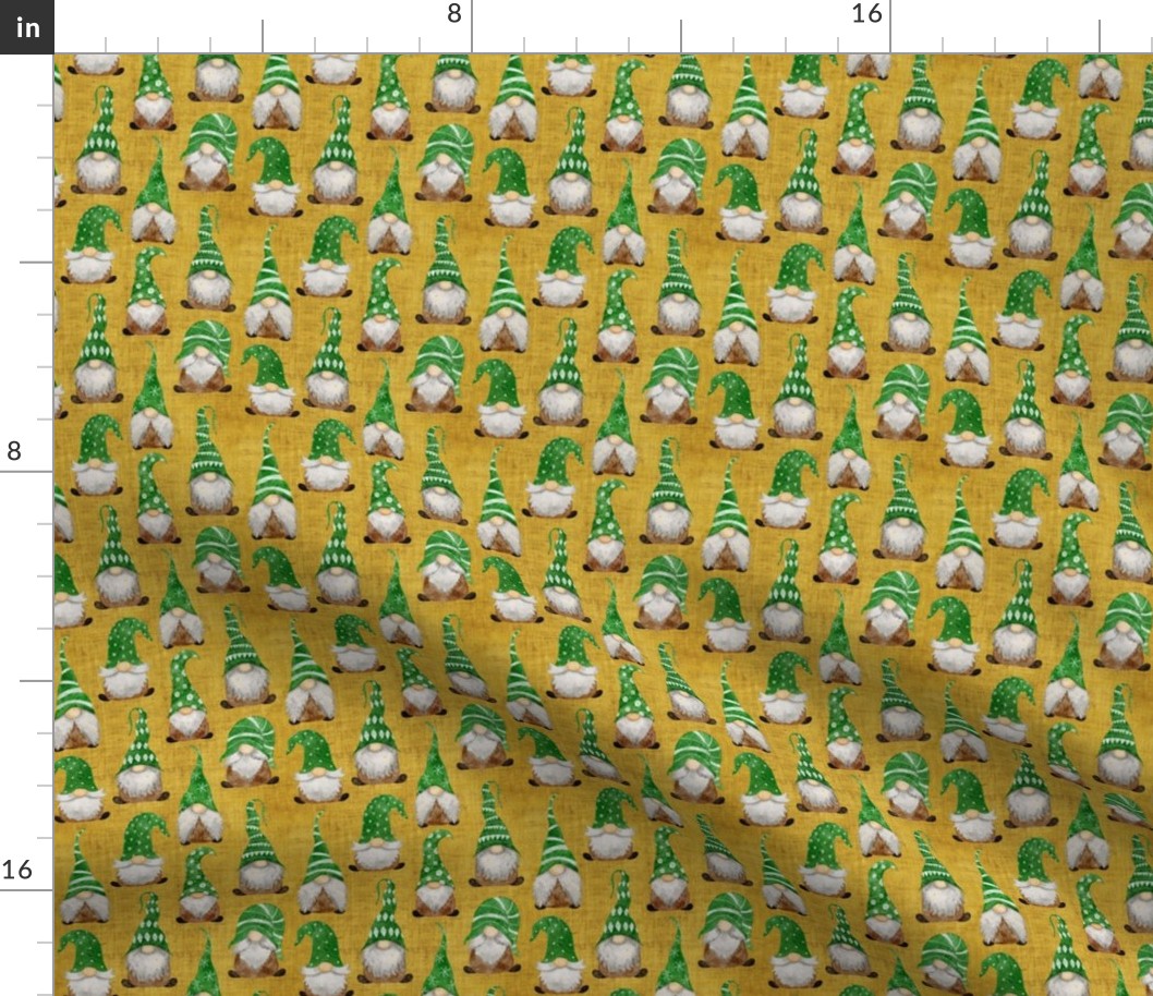 Green Gnomes on Gold Linen - extra small scale