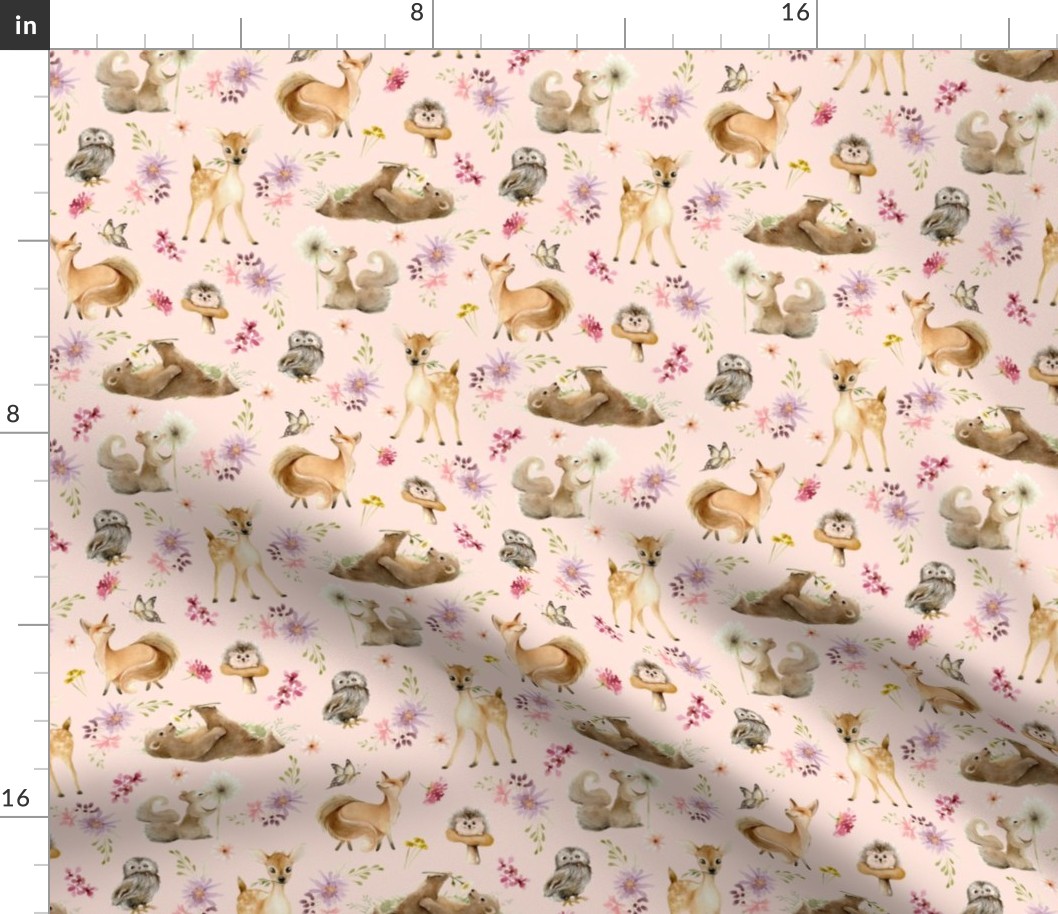 8" Forest Friends (baby pink) Flowers, 8" repeat on fabric