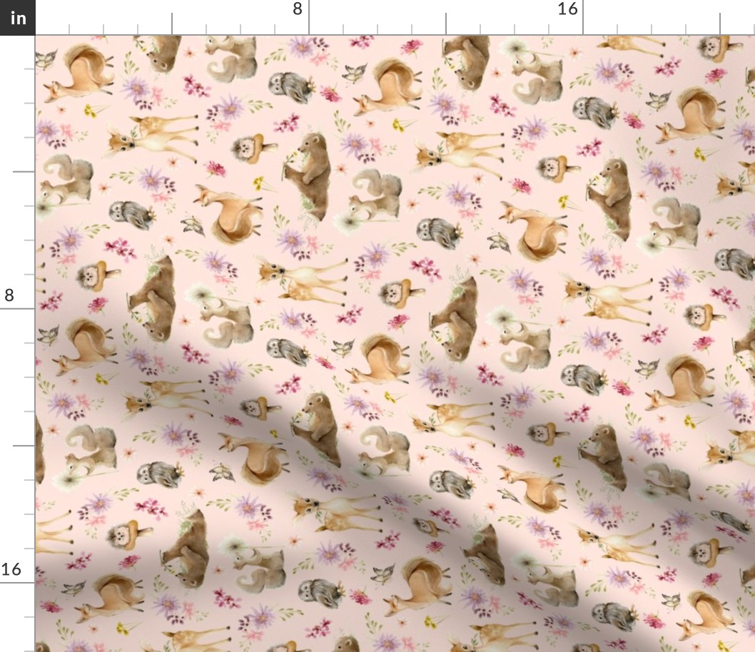 8" Forest Friends (baby pink) Flowers, ROTATED 8" repeat on fabric