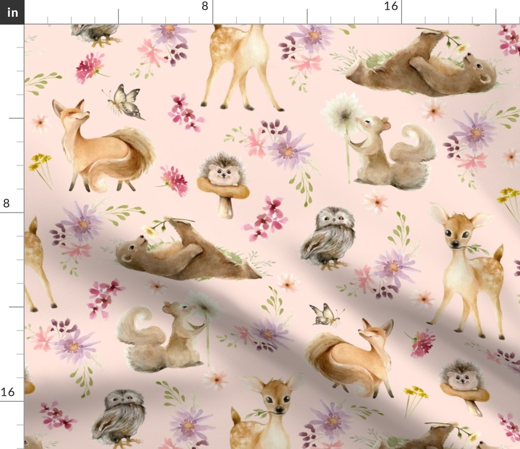 18" Forest Friends (baby pink) Flowers, 18" repeat on fabric