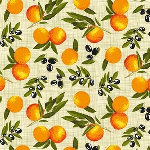 oranges and olives on linen texture