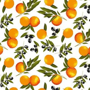 oranges and olives on white