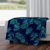 Paradise Palm Leaves - green, blue, teal on navy - large