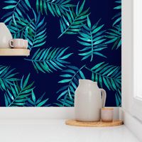 Paradise Palm Leaves - green, blue, teal on navy - large