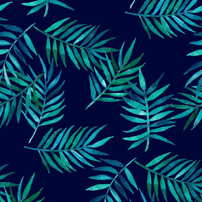 Paradise Palm Leaves - green, blue, teal on navy - large