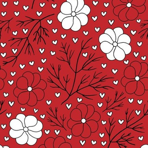 Line art Cosmo Flowers and Hearts on Red