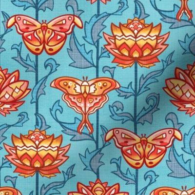 Mid-Century Moth Damask - Blues & Reds - Medium Scale