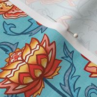 Mid-Century Moth Damask - Blues & Reds - Medium Scale