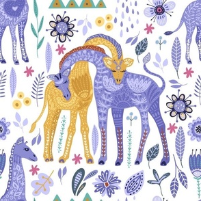 Large Magical Giraffe Family Folk Art in Periwinkle and Gold