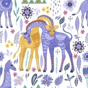 Medium Magical Giraffe Family Folk Art in Periwinkle and Gold