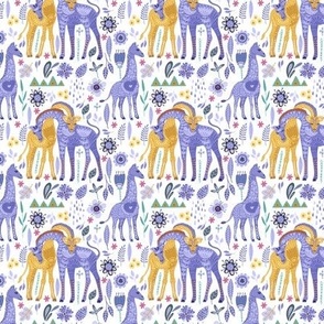Small Magical Giraffe Family Folk Art in Periwinkle and Gold