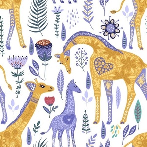 Large Magical Giraffe Family in Periwinkle Purple and Yellow Gold