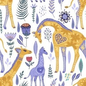 Medium Magical Giraffe Family in Periwinkle Purple and Yellow Gold