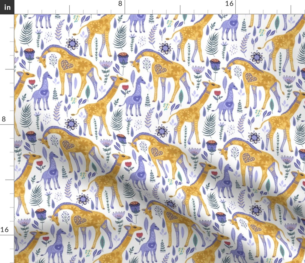 Medium Magical Giraffe Family in Periwinkle Purple and Yellow Gold