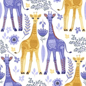 Large Folk Art Giraffe Family and Flowers in Periwinkle and Yellow Gold