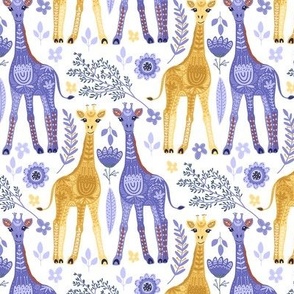 Medium Folk Art Giraffe Family and Flowers in Periwinkle and Yellow Gold